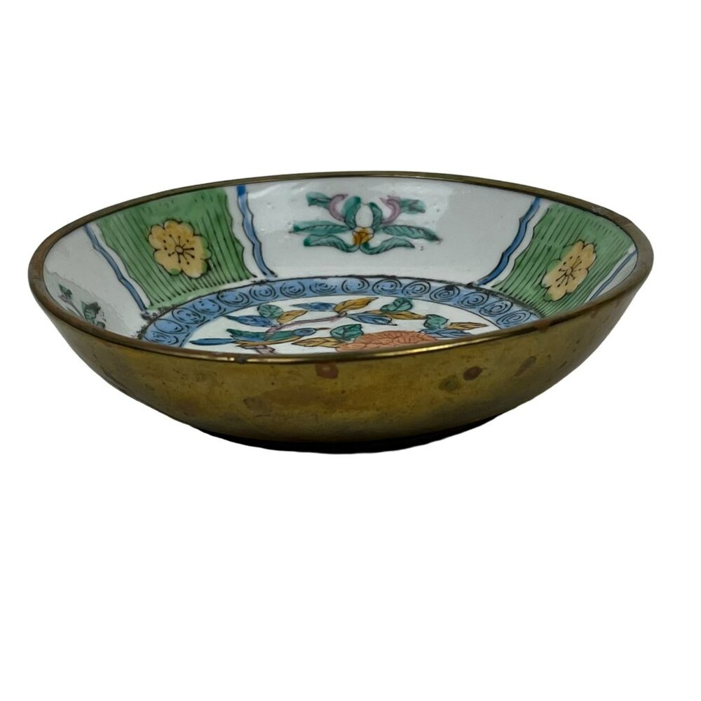 Vintage Brass-Encased Porcelain Bowl Hand-Painted Floral - Picture 3 of 5